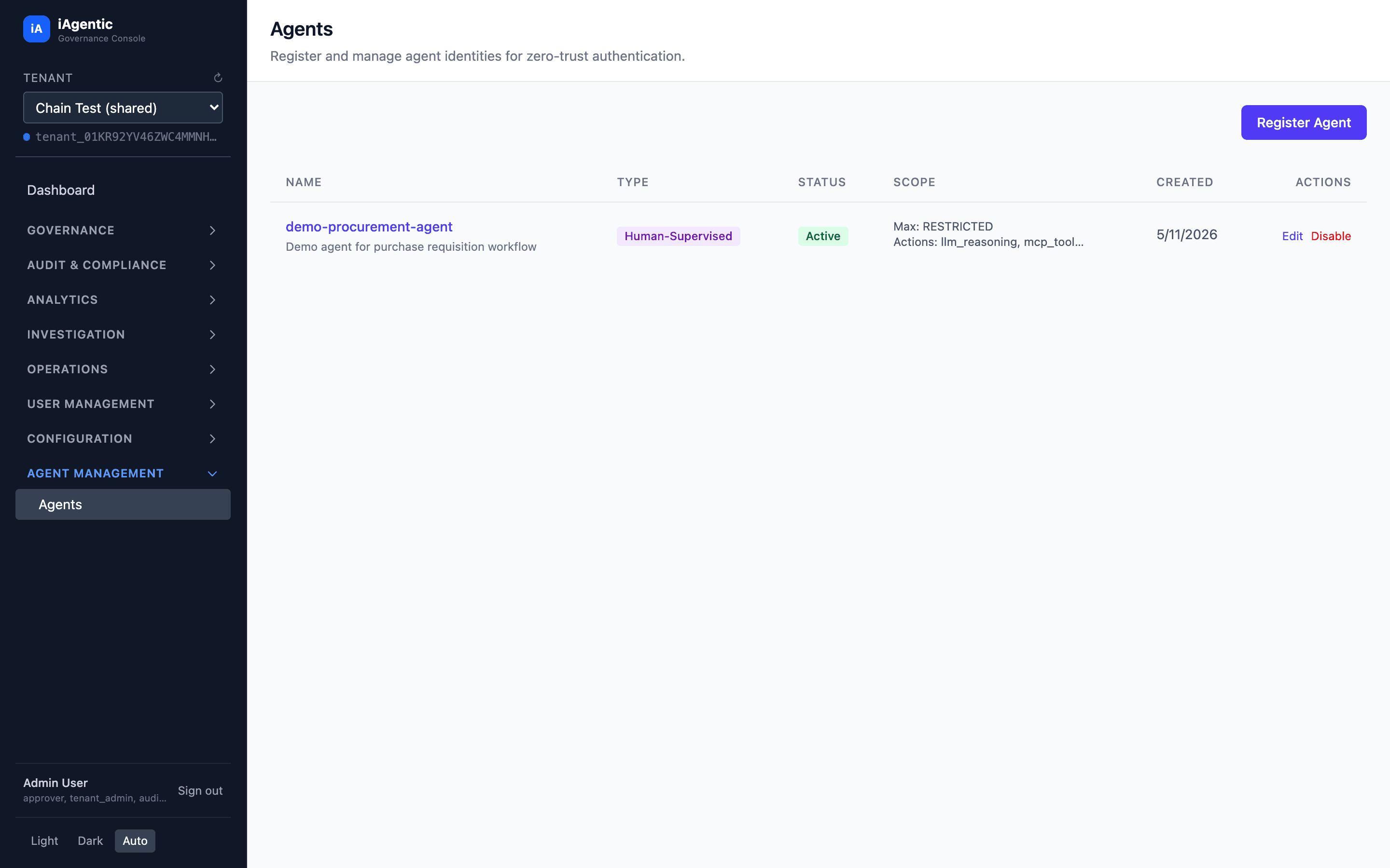 Tracefort agent registry showing Human-Supervised agent with scope, max classification RESTRICTED, and allowed actions
